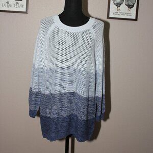 Tribal Womens Open Weave Knit Sweater Tunic Blue Ombre 3/4 Sleeve Size Large NWT